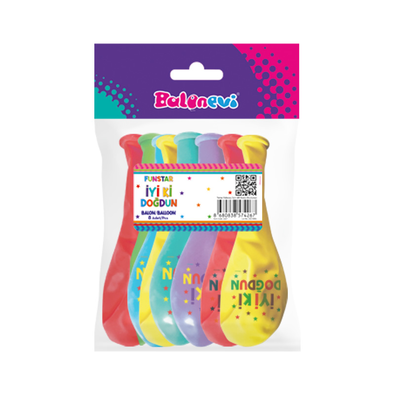 4+0 Funstar İyi Ki Doğdun Baskılı 12” Pastel Balon 8’li